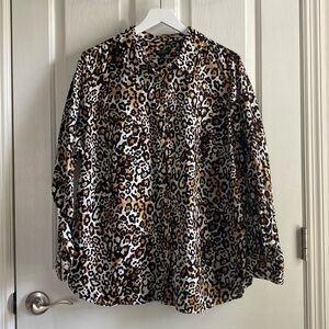 Talbots Womens Leopard Print Long Sleeve Button Down Collared Top Size 2X